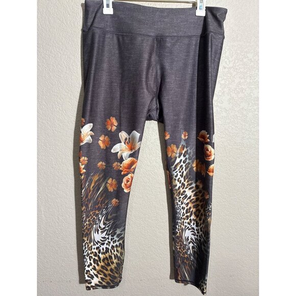 Gkla Leggings Womens size 3 Gray Floral Leopard Print Athletic Mid-Rise - Picture 1 of 6